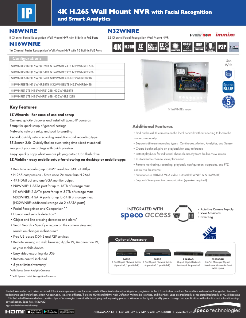 Page 1 de la notice Fiche technique Speco Technologies N16WNRE