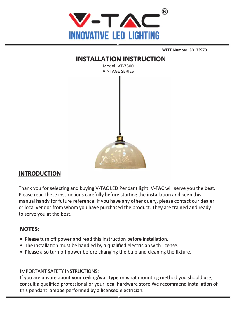 Page 1 de la notice Manuel utilisateur V-TAC VT-7300