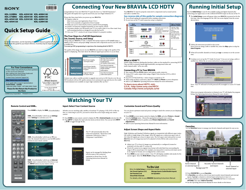 Página 1 del manual Guía de instalación Sony Bravia KDL-40V4100