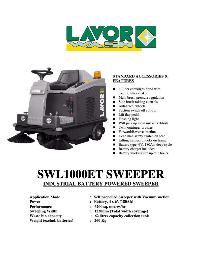 Page 1 de la notice Fiche technique Lavorwash SWL1000ET