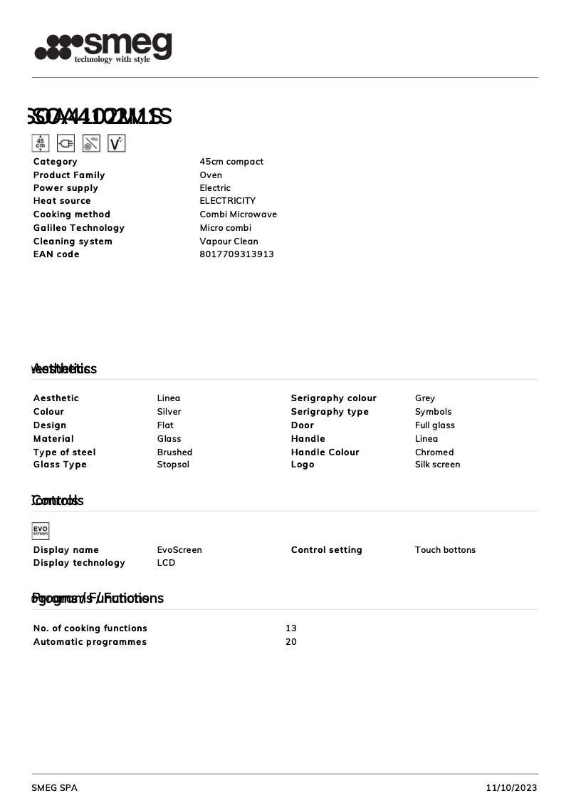 Página 1 del manual Ficha técnica Smeg SOA4102M1S