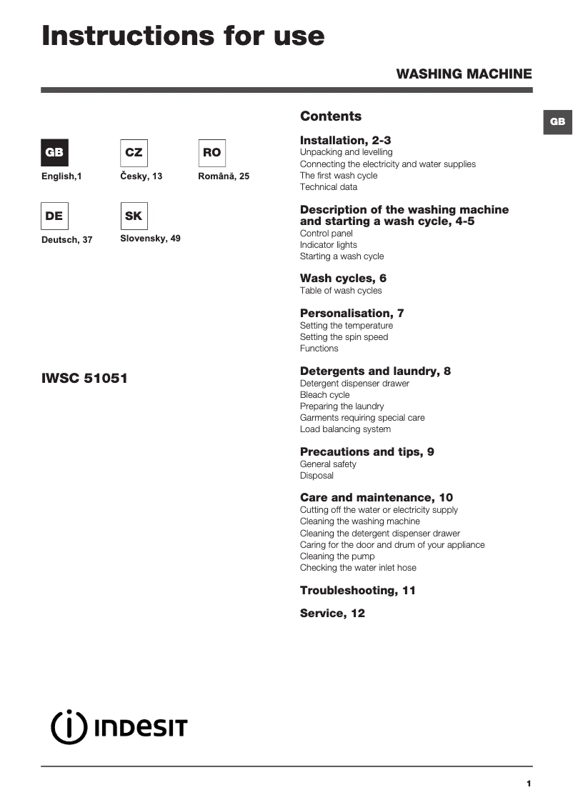 Page n°1 - Manuel utilisateur Indesit IWSC 51051 C ECO EU