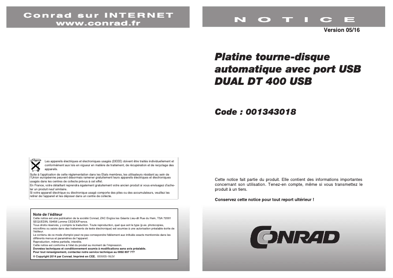 Page 1 de la notice Manuel utilisateur Dual DT 400