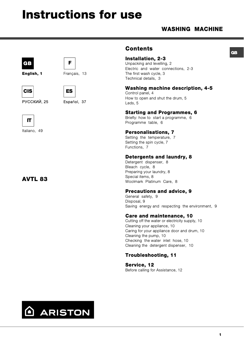 Page 1 de la notice Manuel utilisateur Ariston Thermo AVTL83