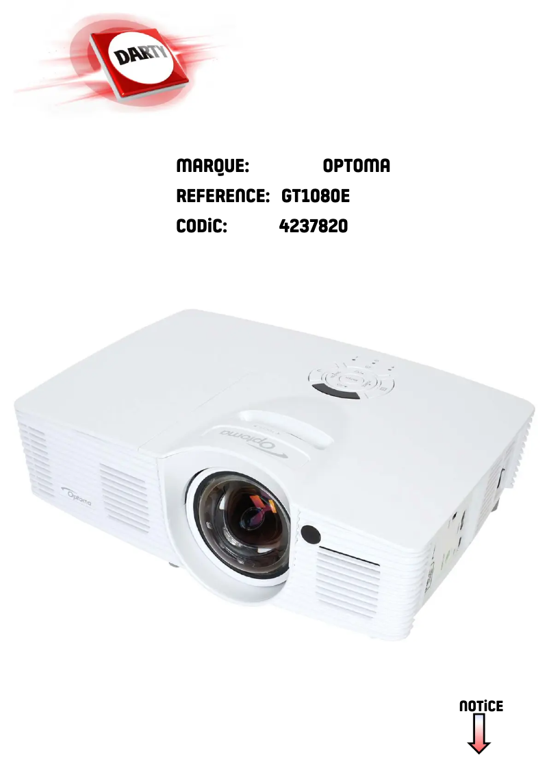 Page 1 de la notice Manuel utilisateur Optoma GT1080e