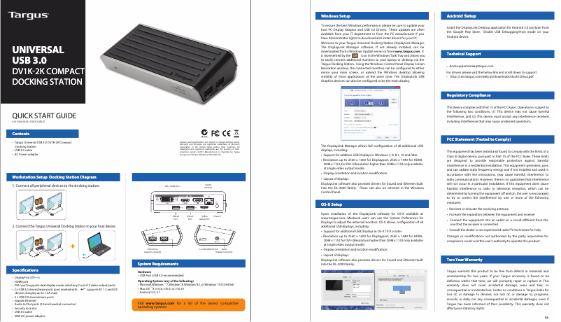 Page n°1 - Manuel utilisateur Targus Dual Video Universal Docking Station