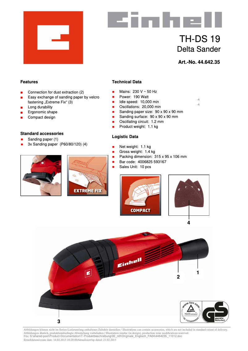 Page 1 de la notice Fiche technique Einhell TH-DS 19