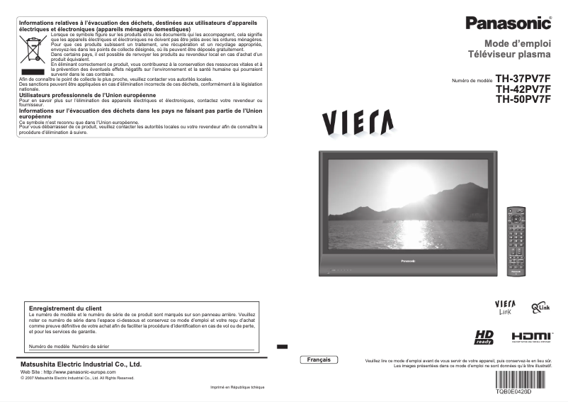 Page 1 de la notice Manuel utilisateur Panasonic Viera TH-37PV7F