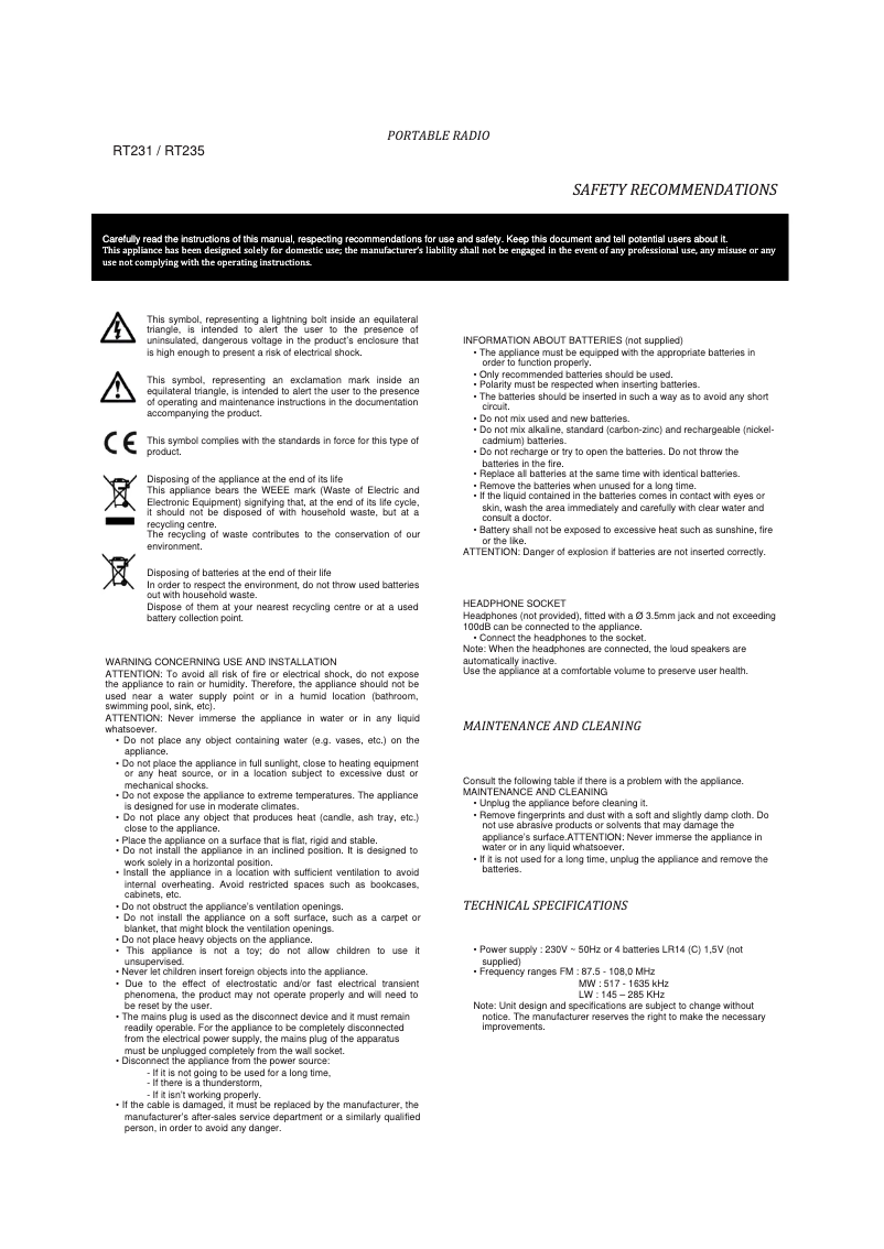 Page n°1 - Manuel utilisateur Thomson RT235