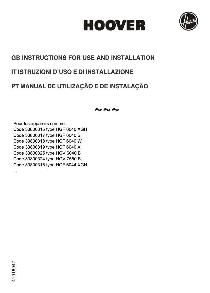 Page 1 de la notice Manuel utilisateur Hoover HGF 6040 XGH