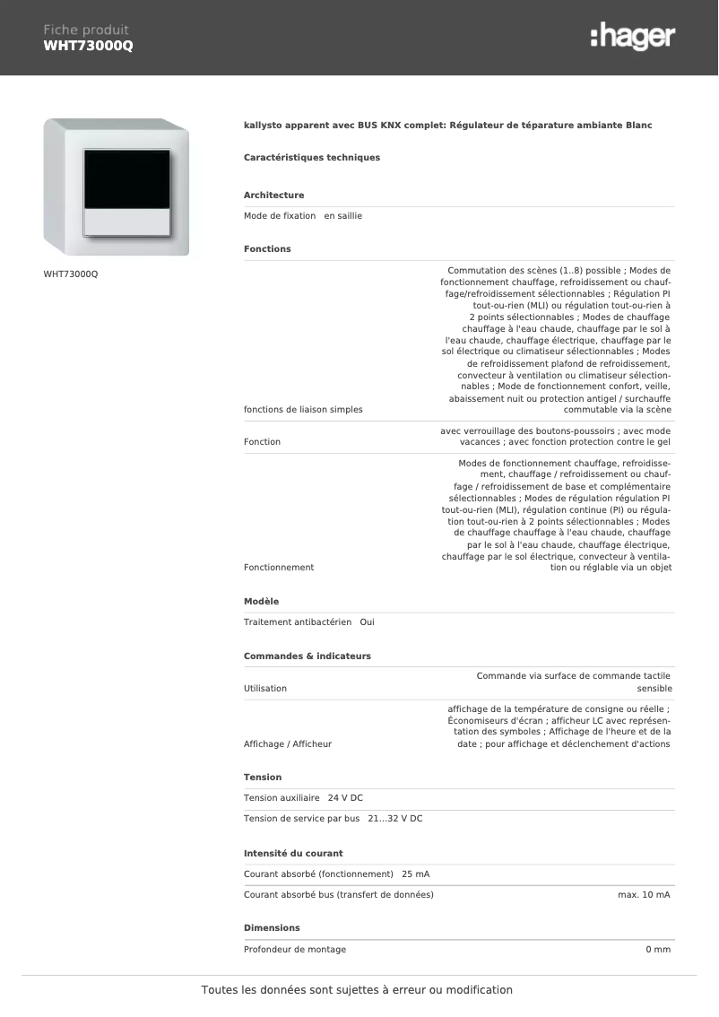 Page 1 de la notice Fiche technique Hager WHT73000Q