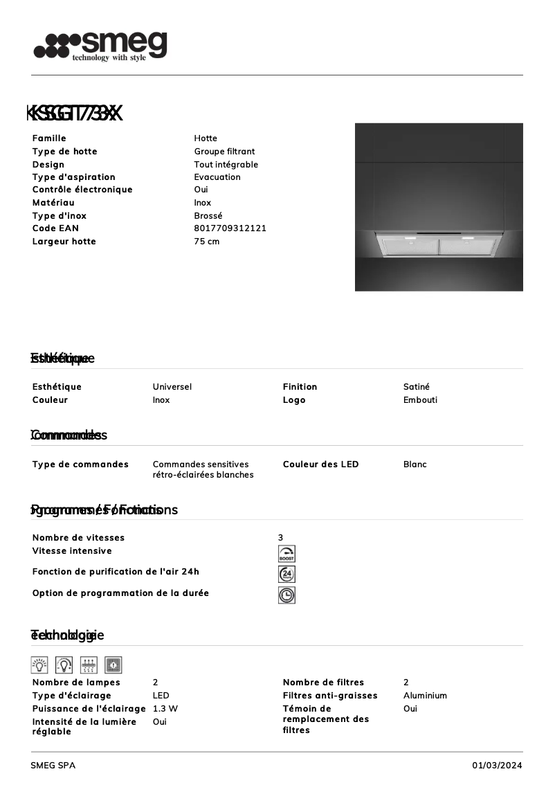 Page 1 de la notice Fiche technique Smeg KSGT73X