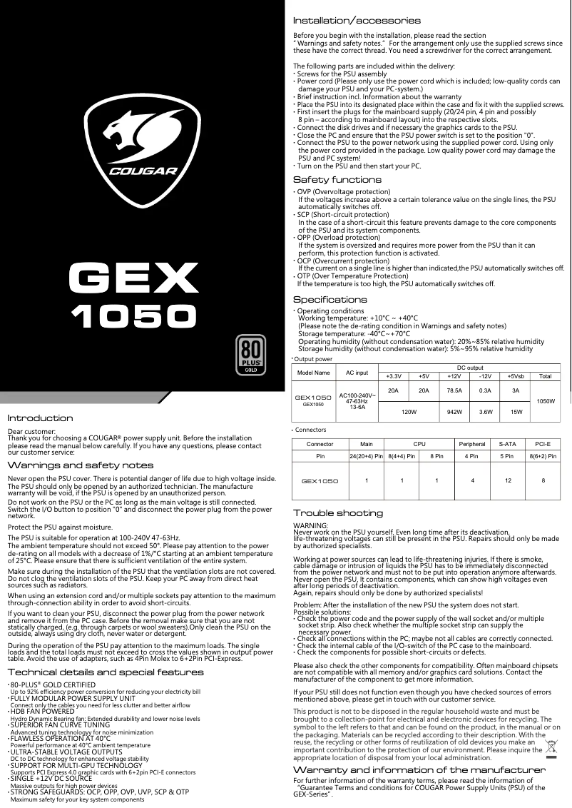 Page n°1 - Manuel utilisateur Cougar GEX1050