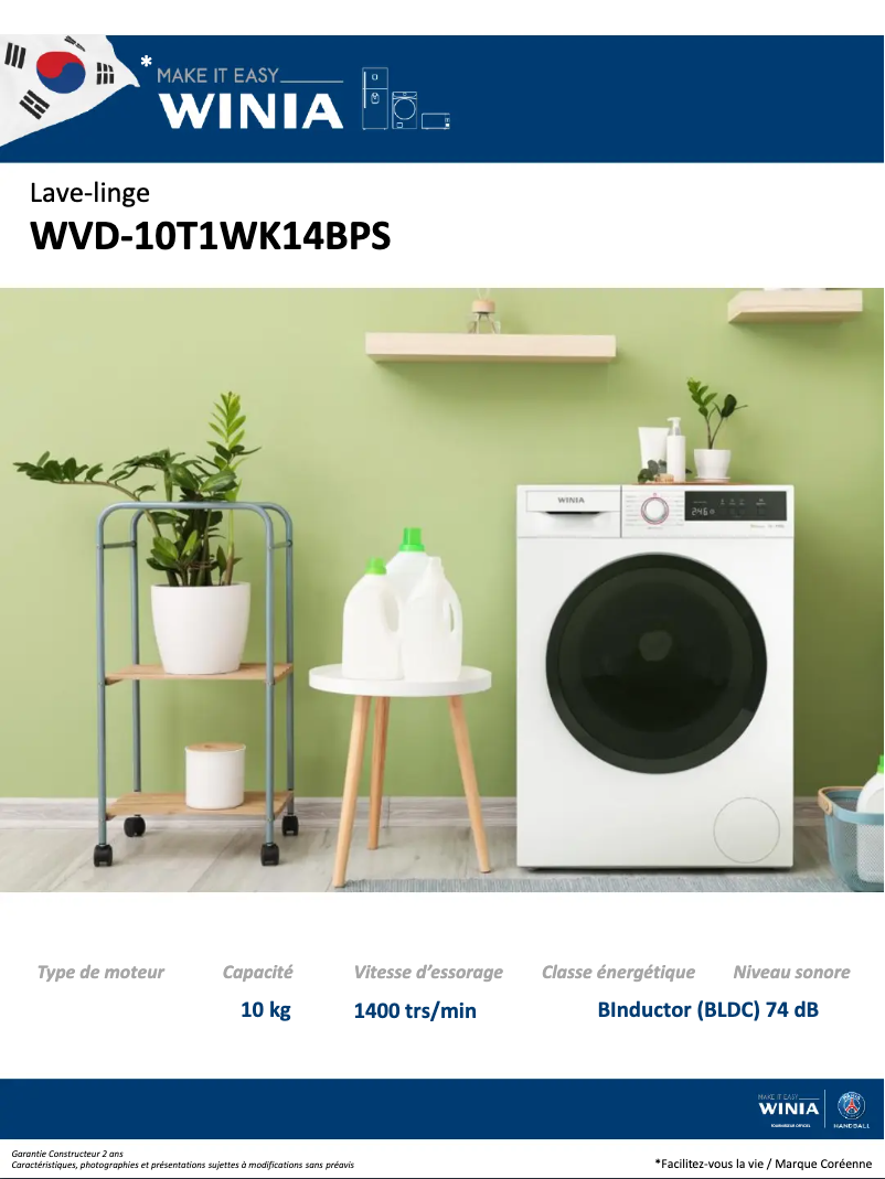 Page 1 de la notice Fiche technique Winia WVD-10T1WK14BPS