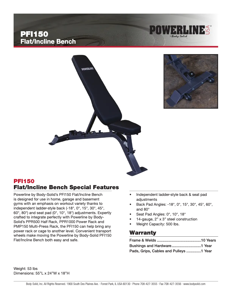 Page 1 de la notice Fiche technique Body-Solid PFI150