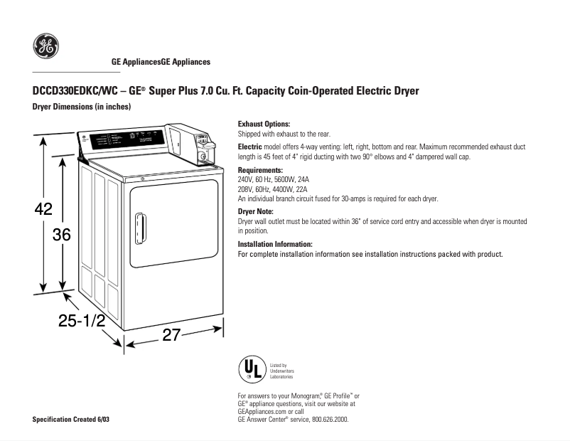 Página 1 del manual Ficha técnica GE DCCD330EDKC