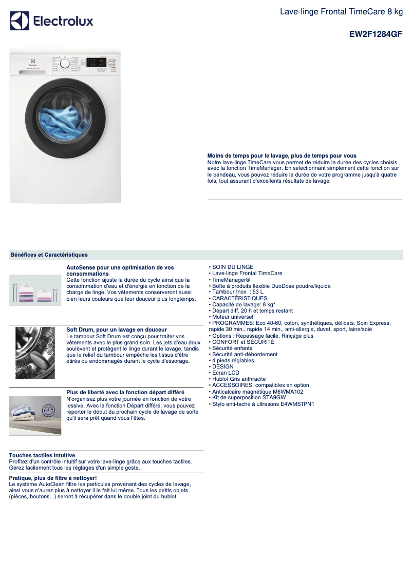 Page 1 de la notice Fiche technique Electrolux EW2F1284GF