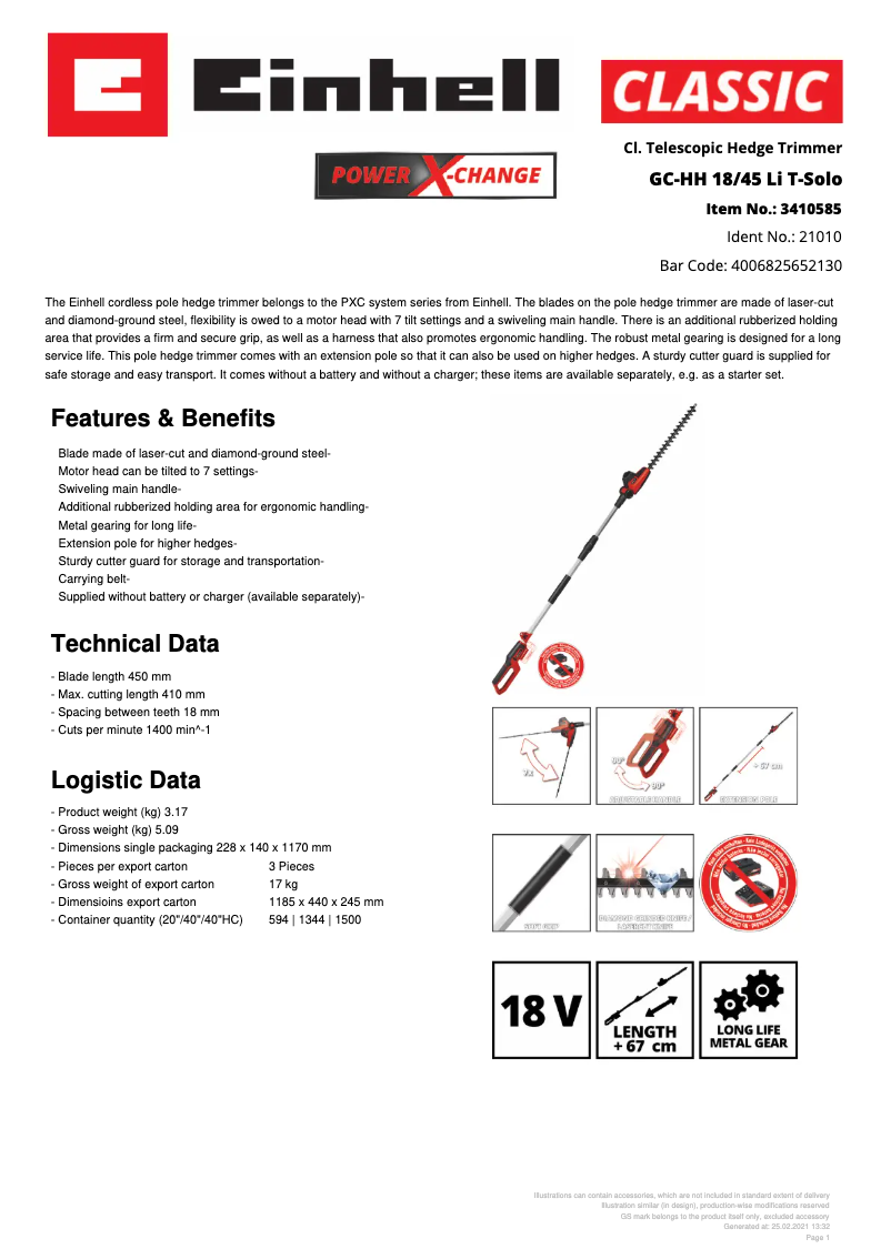 Page n°1 - Fiche technique Einhell GC-HH 18/45 Li T-Solo