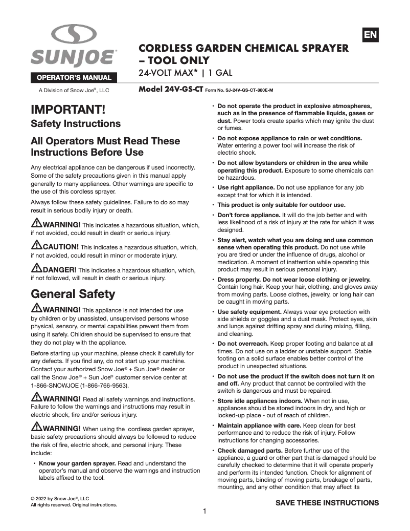 Page n°1 - Manuel utilisateur Sun Joe 24V-GS-CT