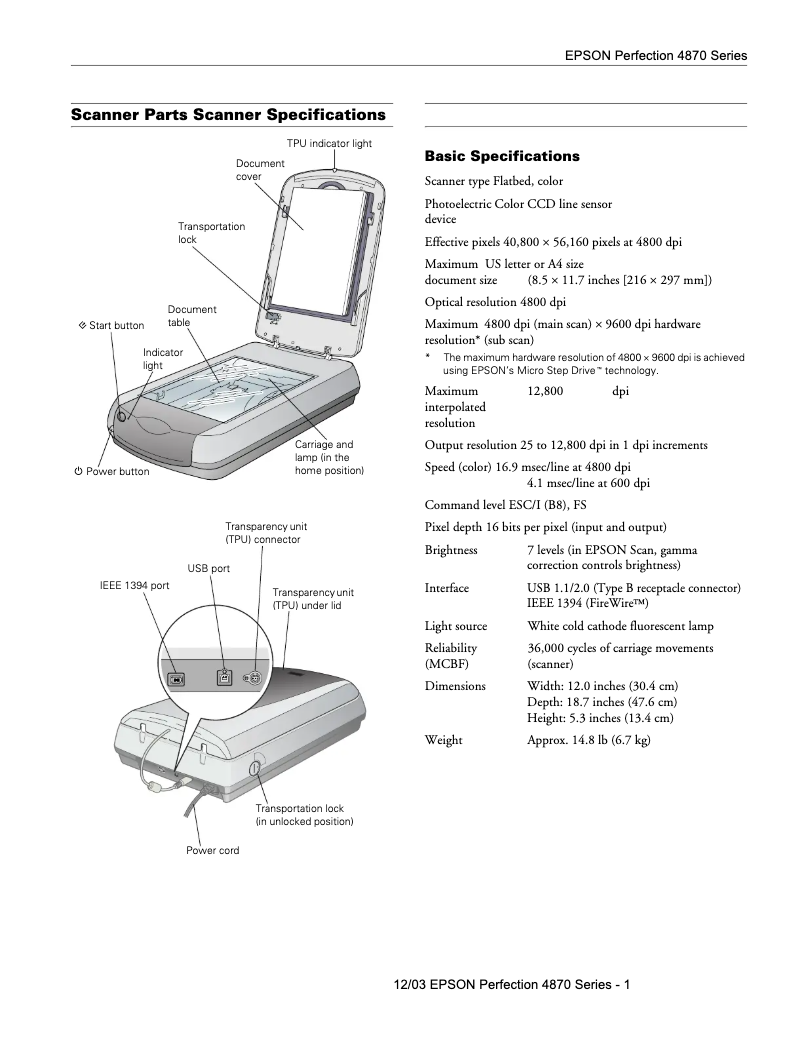 Page 1 de la notice Manuel utilisateur Epson Perfection 4870