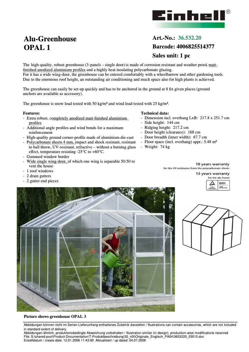 Page 1 de la notice Fiche technique Einhell OPAL 1