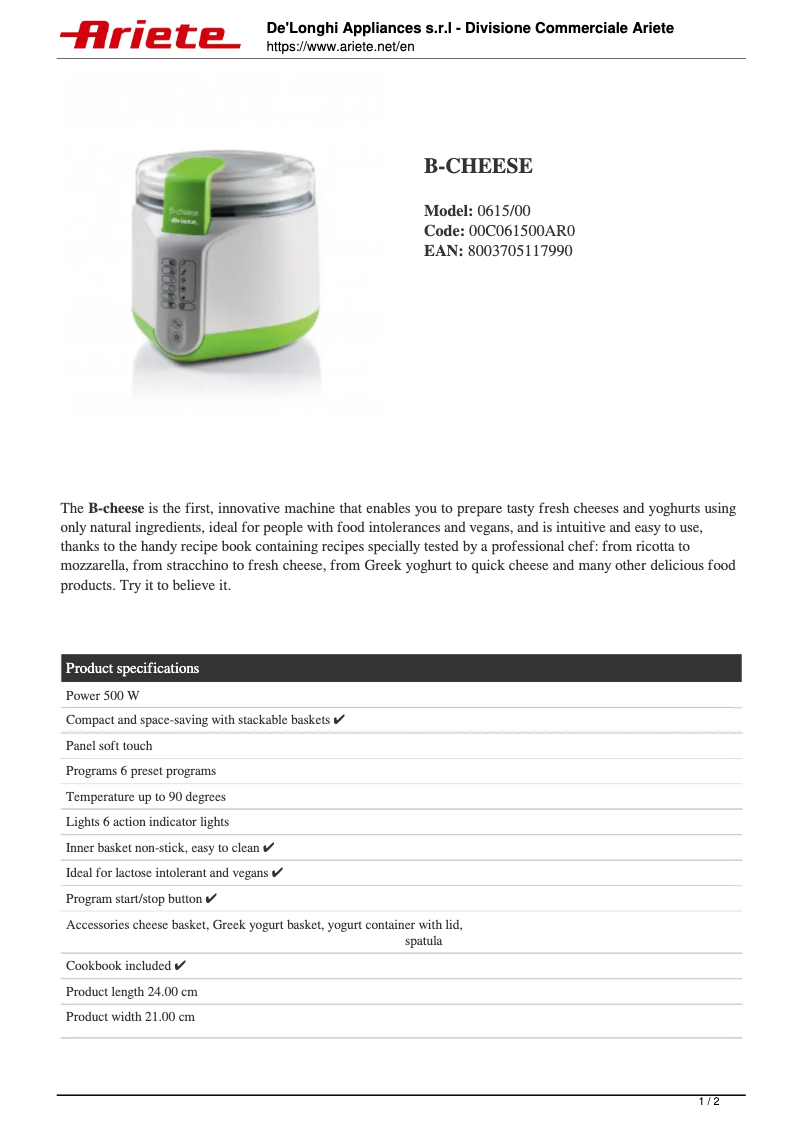Page 1 de la notice Fiche technique Ariete B-cheese 615