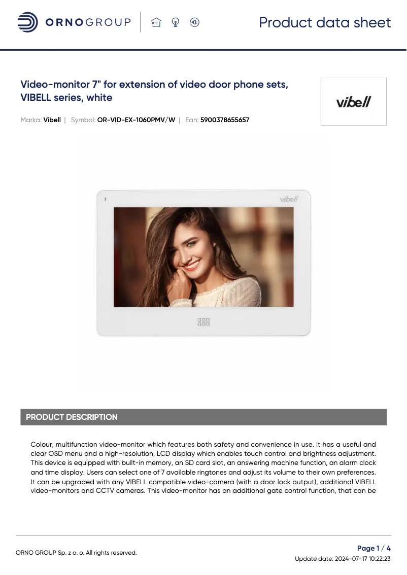 Page 1 de la notice Fiche technique Vibell OR-VID-EX-1060PMV