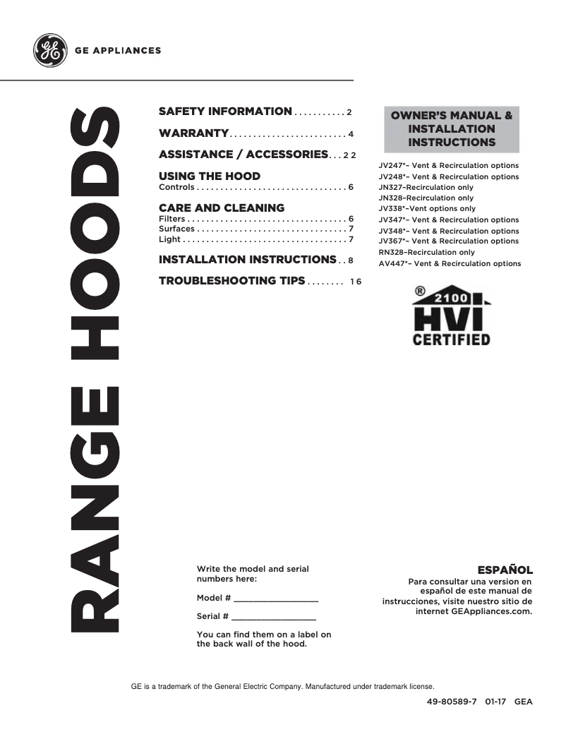 First page image of the manual for JV348LSS