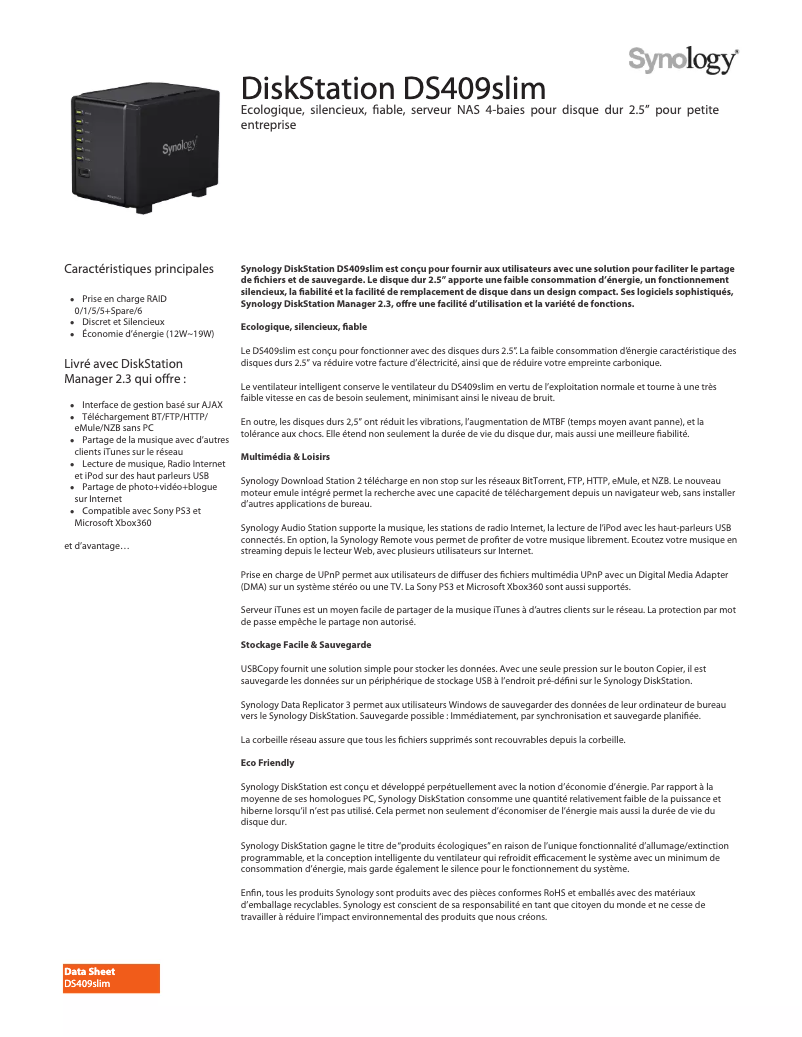 Page 1 de la notice Fiche technique Synology DiskStation DS409slim