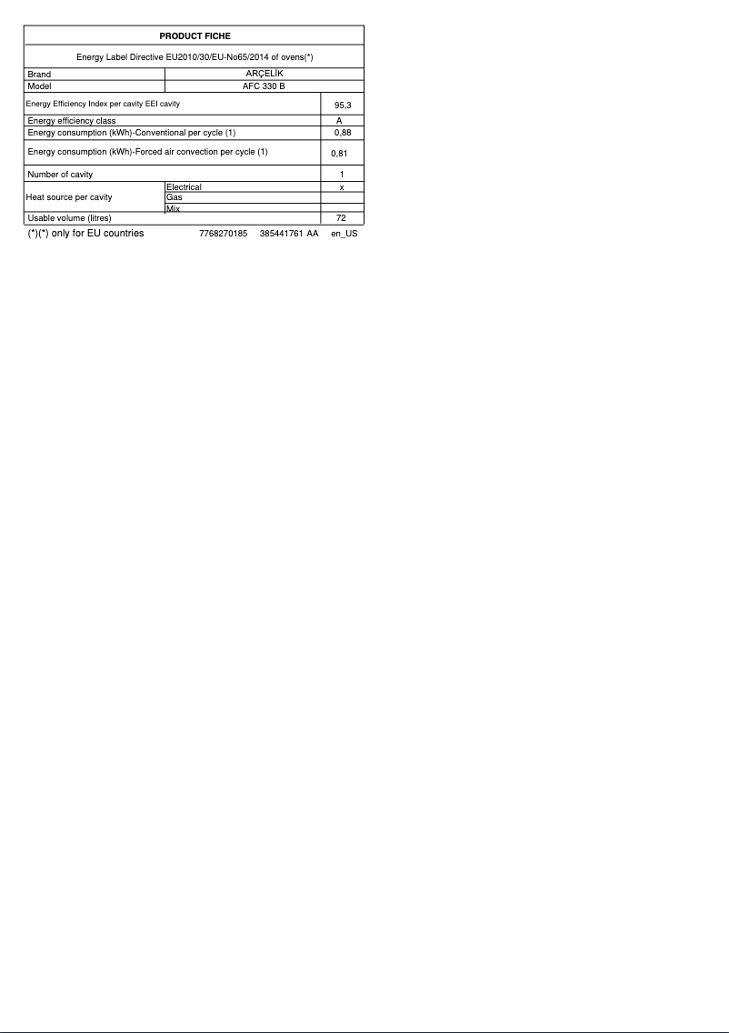 Page n°1 - Fiche technique Arçelik AFC 330 B