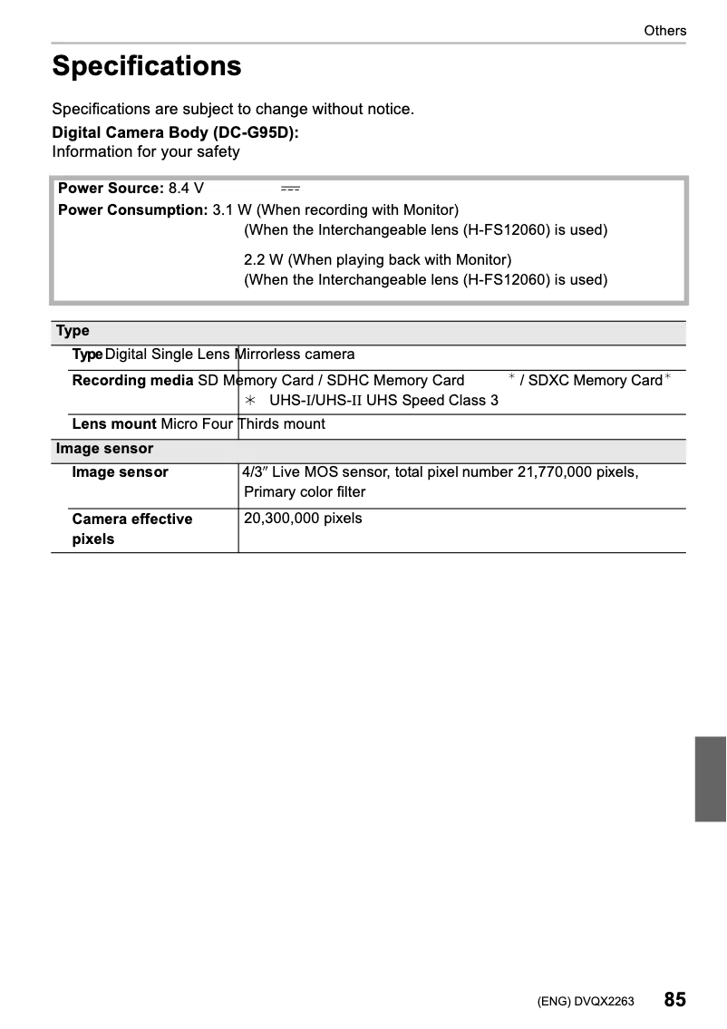 Page 1 de la notice Fiche technique Panasonic Lumix DC-G95
