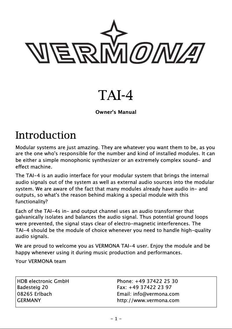 Page 1 de la notice Manuel utilisateur Vermona Modular TAI-4