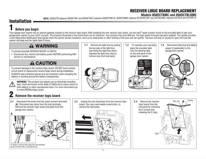 Page n°1 - Manuel utilisateur LiftMaster 050DCTBLKMC