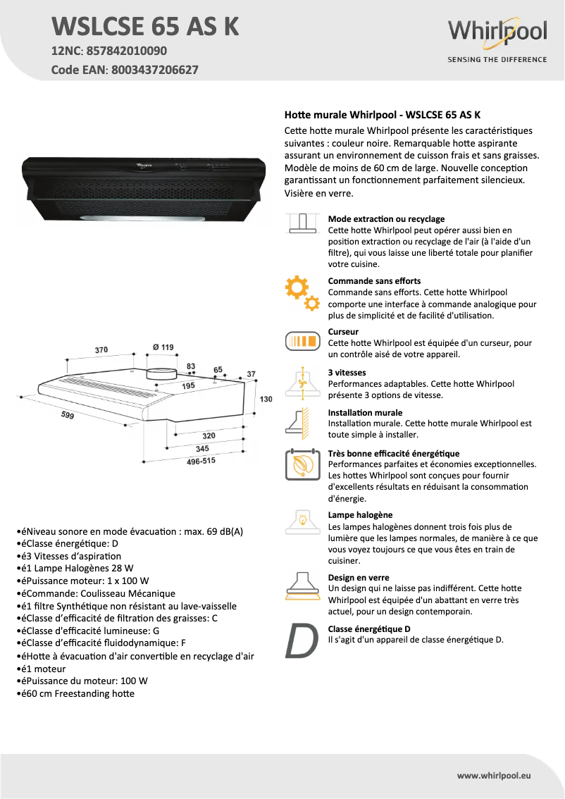 Page n°1 - Fiche technique Whirlpool WSLCSE 65 AS K