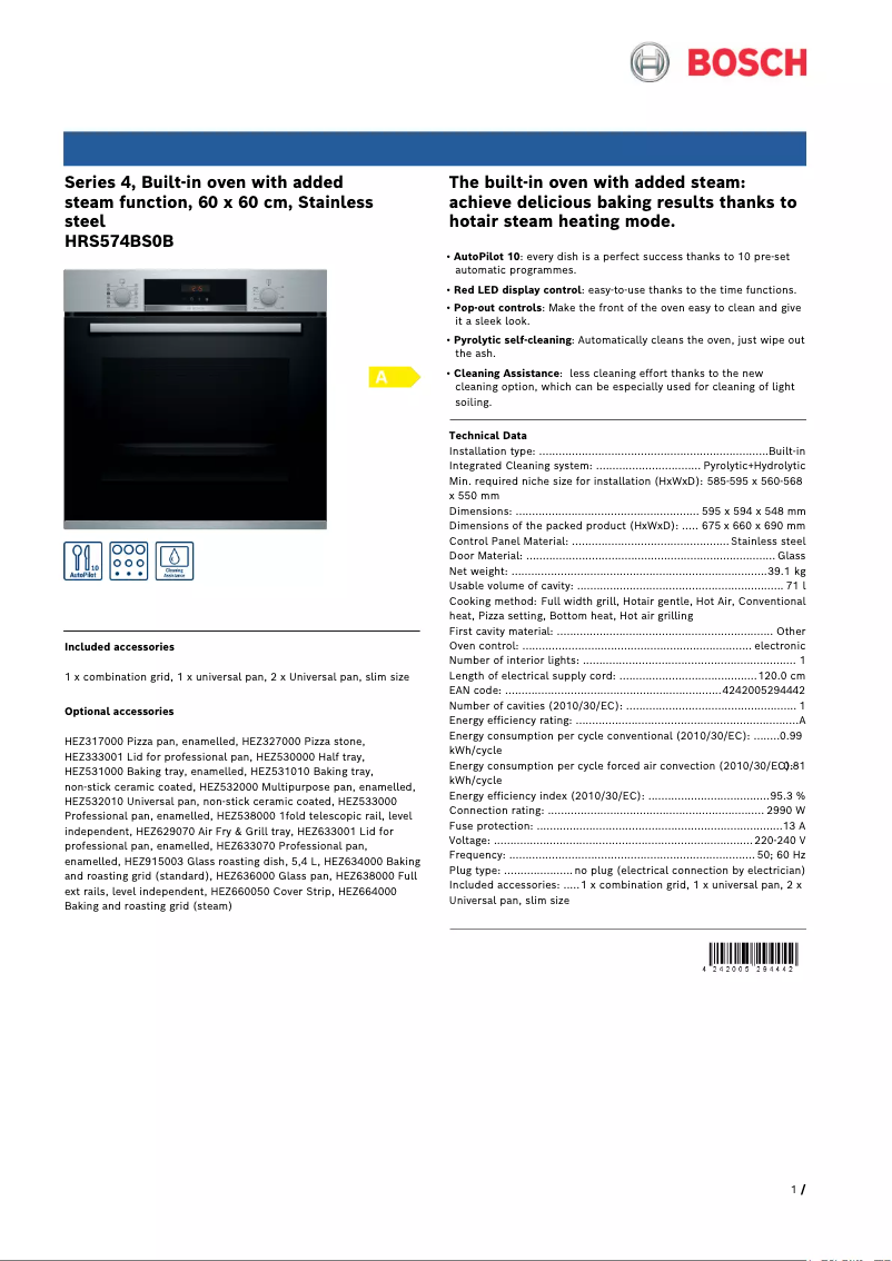 Page 1 de la notice Fiche technique Bosch HRS574BS0B