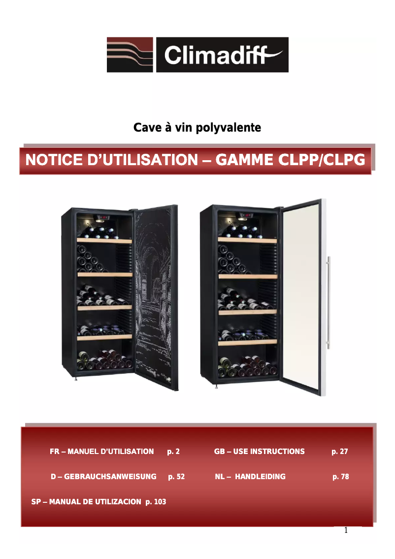 Page 1 de la notice Manuel utilisateur Climadiff CLPG182