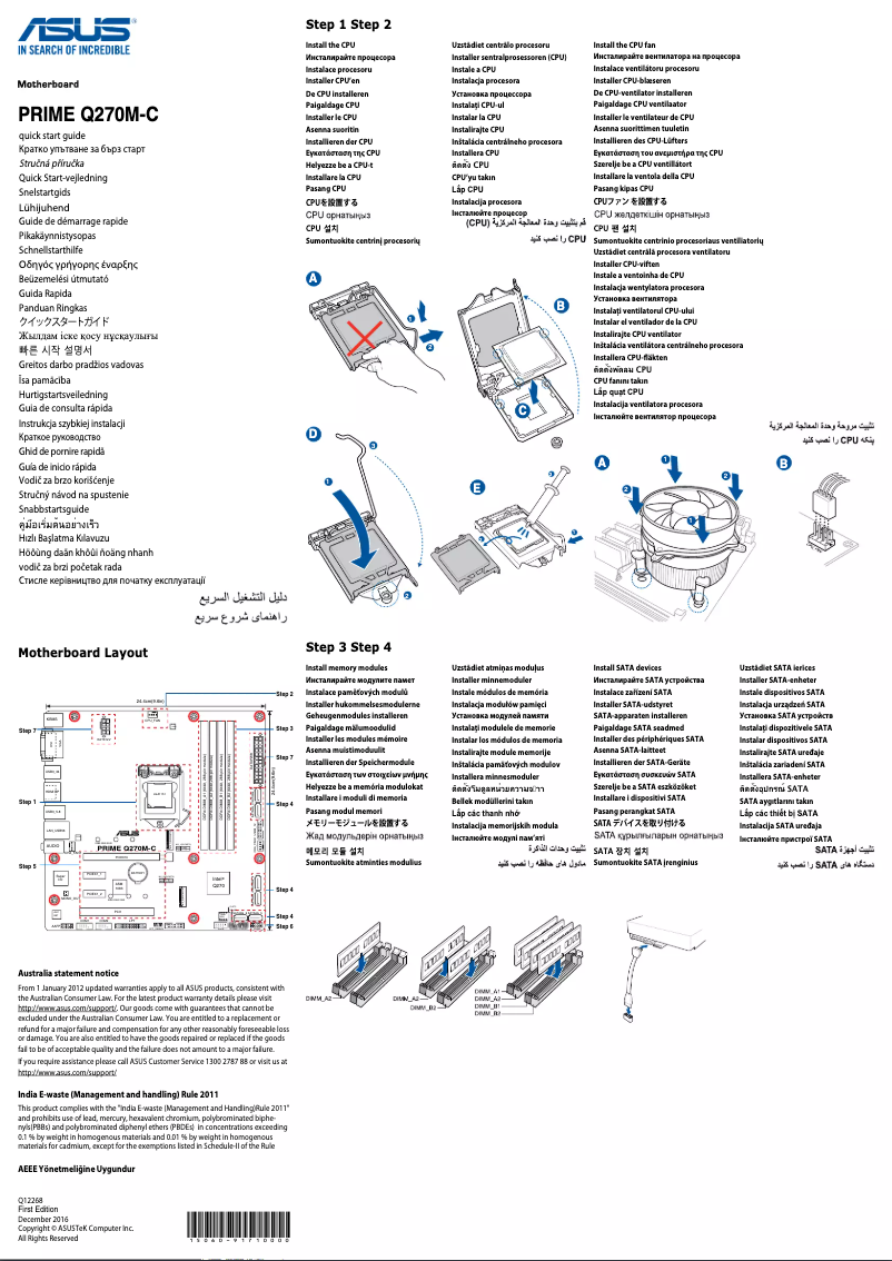 Page 1 de la notice Guide de démarrage rapide Asus Prime Q270M-C