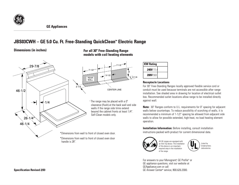 Page n°1 - Fiche technique GE JBS03CWH