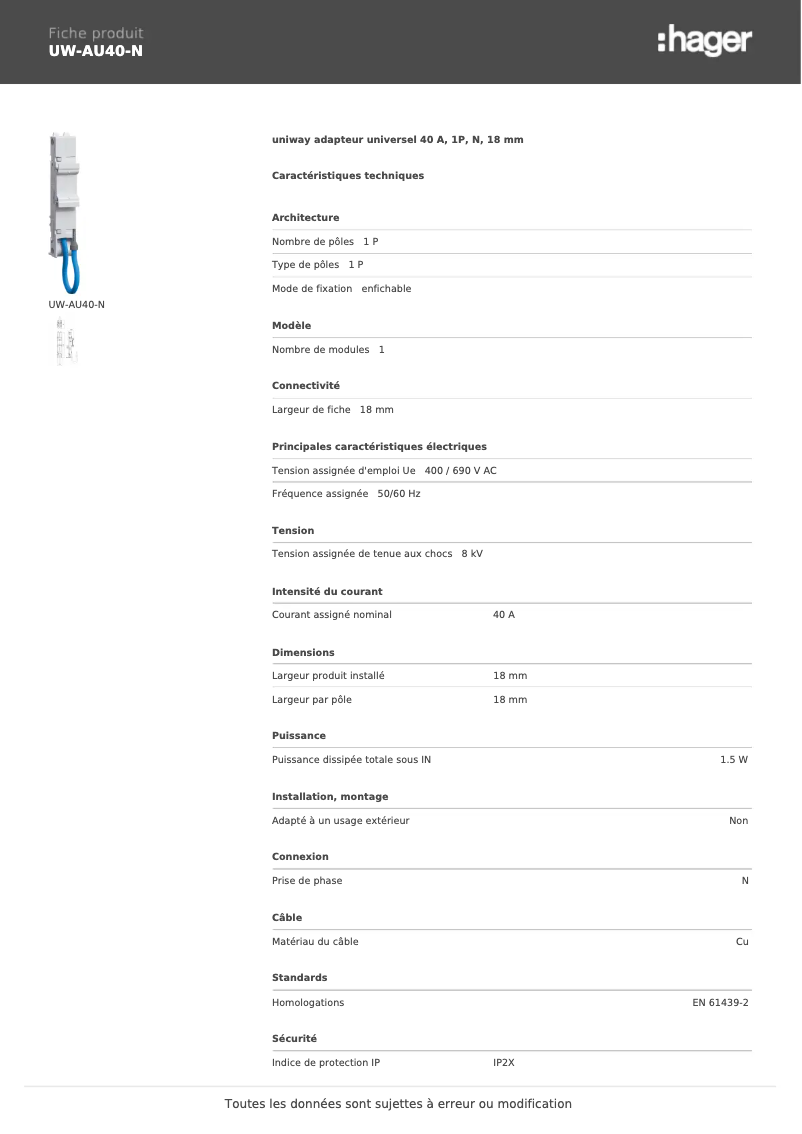 Page 1 de la notice Manuel utilisateur Hager UW-AU40-N