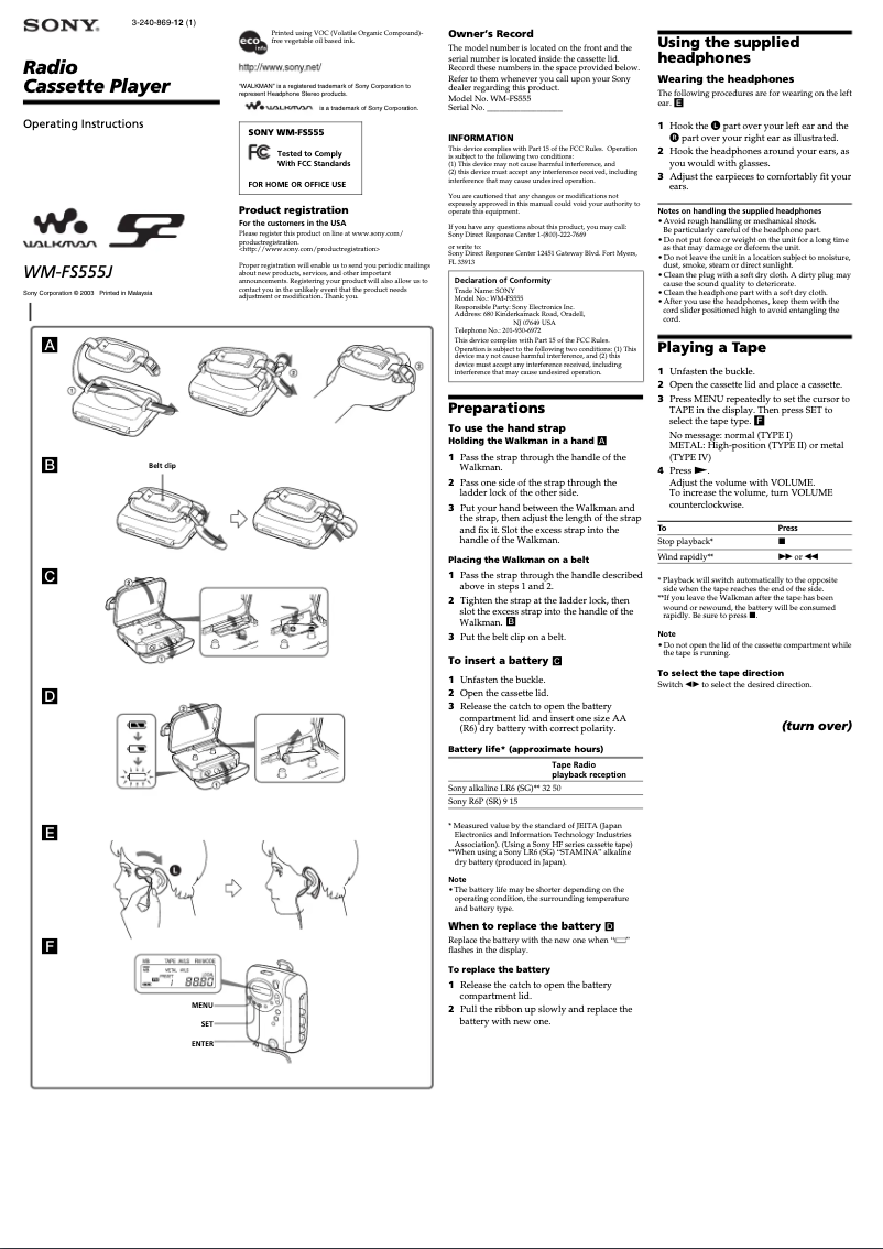 Page n°1 - Manuel utilisateur Sony WM-FS555J