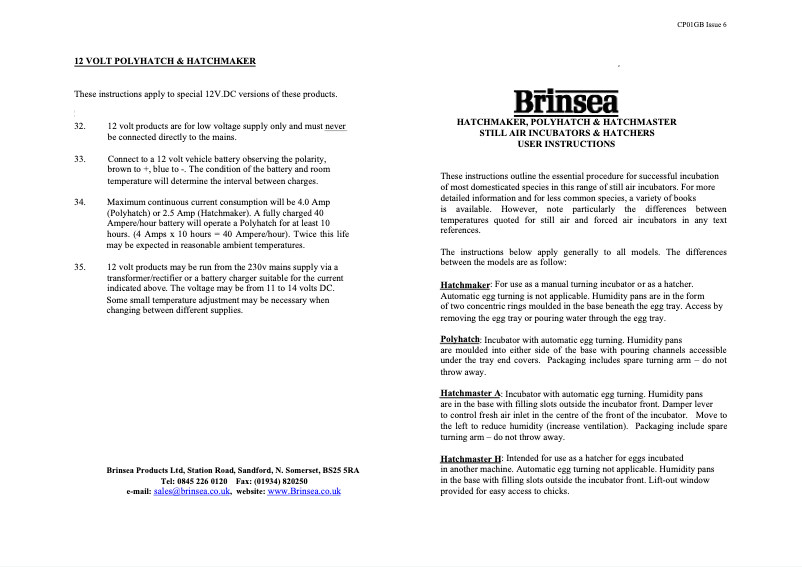 Page 1 de la notice Manuel utilisateur Brinsea Hatchmaker