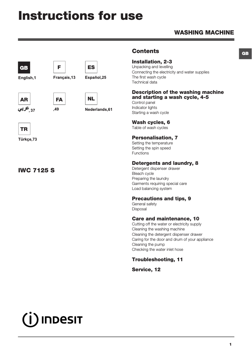 Page 1 de la notice Manuel utilisateur Indesit IWD 7125 B