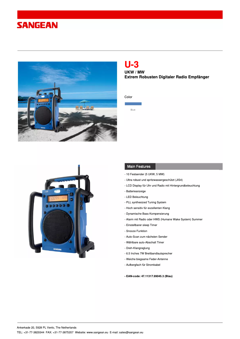 Page 1 de la notice Fiche technique Sangean U3