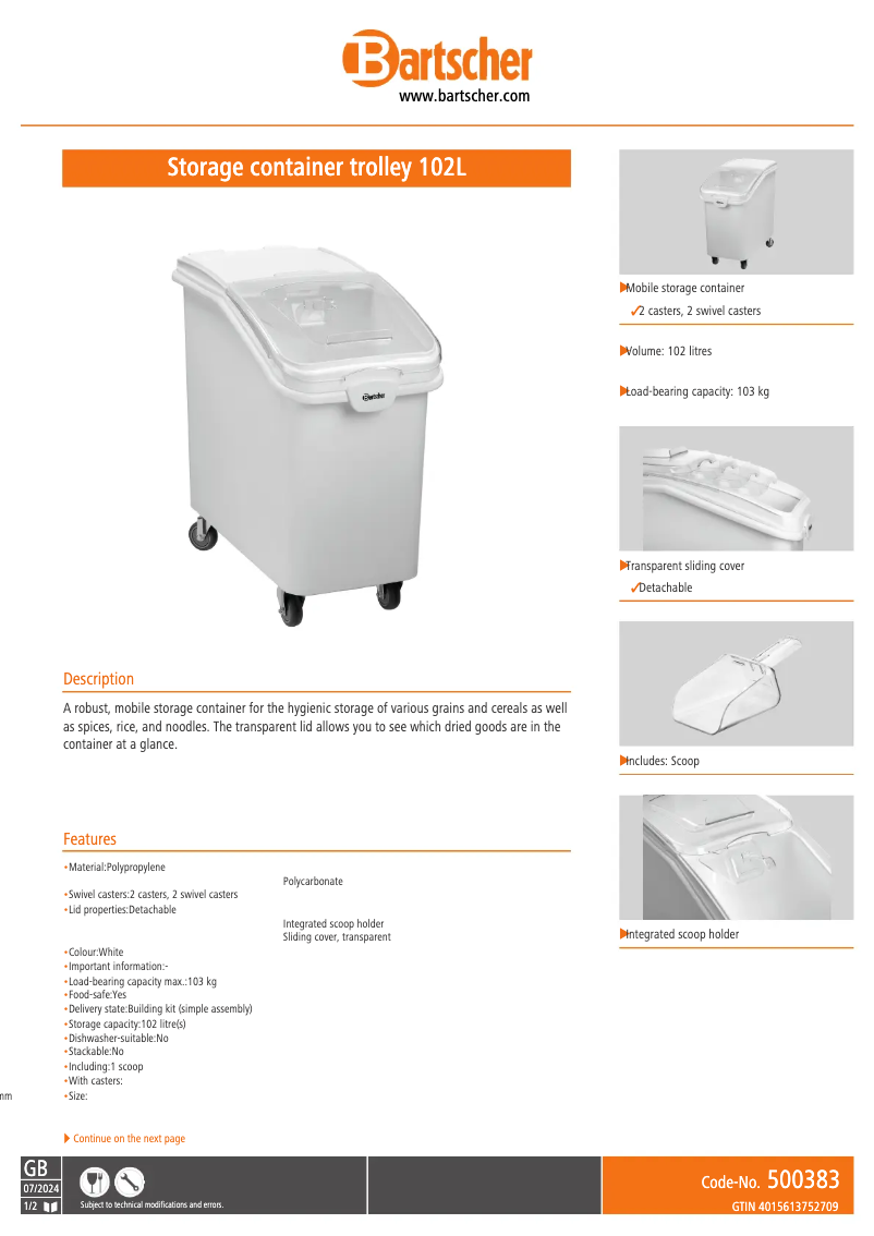 Page n°1 - Manuel utilisateur Bartscher 500383