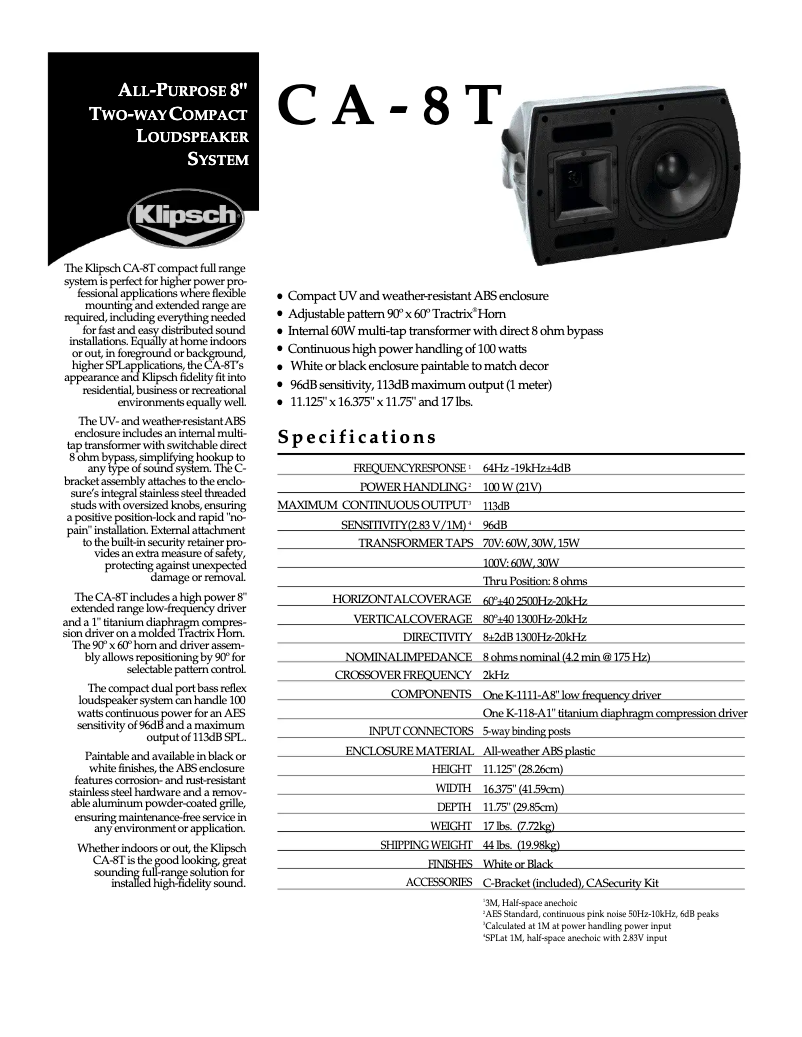 Page n°1 - Manuel utilisateur Klipsch CA-8T