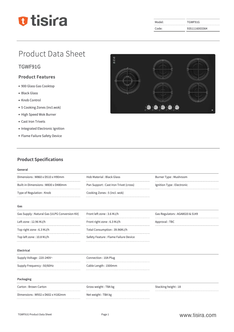Page 1 de la notice Fiche technique Tisira TGWF91G
