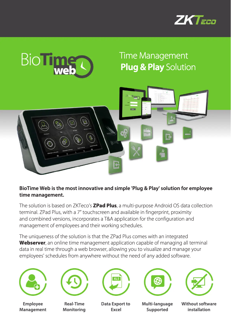 Page 1 de la notice Fiche technique ZKTeco BioTime Web