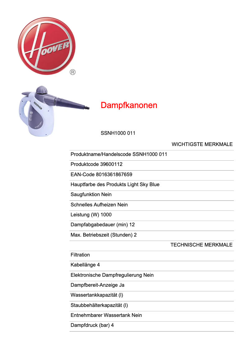 Page 1 de la notice Fiche technique Hoover SSNH1000 011