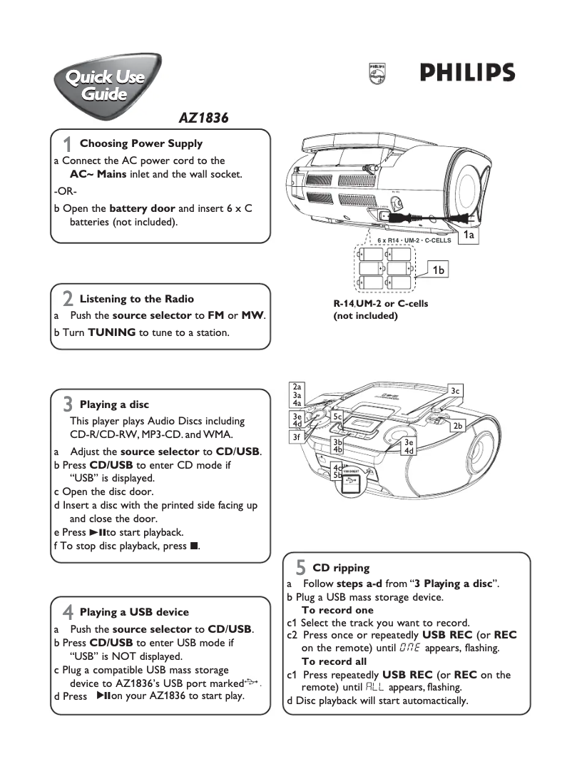 Page 1 de la notice Guide de démarrage rapide Philips AZ1836