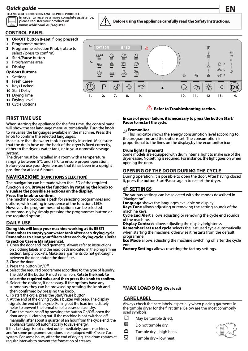 Page n°1 - Manuel utilisateur Whirlpool AWZ9HP/PRO